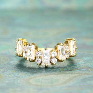 Curved Engagement Ring Zircon wedding band Curved Yellow Plated gold band Dainty stacking matching band Bridal Promise band Delicate ring