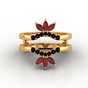 Anillo realzador de granate rojo y ónix negro, alianza de boda de oro de 14 quilates con corona marquesa, protector de anillo apilable curvo, doble banda protectora, regalo para ella.