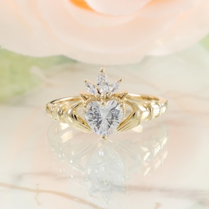 Claddagh ring, White Zircon Heart Shape Claddagh Yellow Gold, Claddagh Moissanite Jewelry, Gift for Her Ring, Women Gift, Moissanite Jewelry