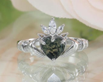 6mm Moss Agate Heart shape gems ring Irish Claddagh Engagement ring Moissanite cluster ring Solid Girlfriend gifted ring Couple gift for her