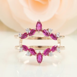 14K Solid Gold Marquise Ruby Enhancer Double Curved Cage Wedding Band Minimalist Stacking Engagement Ring For Her Anniversary Promise Gifted