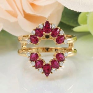Pear Cut Ruby Ring Enhancer Floral Ring Guard Rose Gold Double Crown Wedding Jacket ring Unique Ruby Anniversary Gift for Her Christmas gift