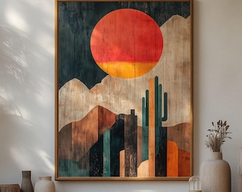 Desert Sunset Printable Wall Art, Mid-Century Modern Retro Artwork, Minimalist Landscape Art, Boho Wall Decor, Digital Download
