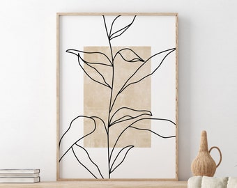 Minimalistische Print, Neutrale Kunst aan de Muur, DIGITALE DOWNLOAD, Boho Leaf Print, Beige Bloem Kunst, Botanische Lijn Kunst, Boho Poster, AFDRUKBARE Kunst aan de Muur