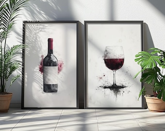 Watercolor Red Wine Bottle & Glass Art, Minimalist Wine Wall Decor, Kitchen or Bar Art Print, Modern Wine Poster, Printable Art
