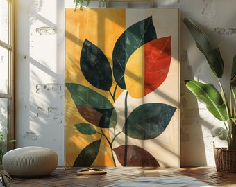Abstract Botanical Wall Art, Modern Mid Century Inspired Print, Minimalist Orange Green Leaves, Boho Digital Download, Printable Home Decor