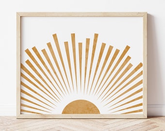 Arte minimalista de la pared del sol, decoración de la pared del sol bohemio, arte de la pared IMPRIMIBLE moderno de mediados de siglo, decoración del vivero al atardecer amarillo horizontal IMPRESIÓN DIGITAL