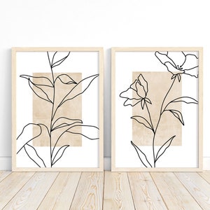 Neutral Wall Art Set of 2 Boho Prints DIGITAL DOWNLOAD Minimalist Leaf Line Art Beige Boho Posters PRINTABLE Wall Art