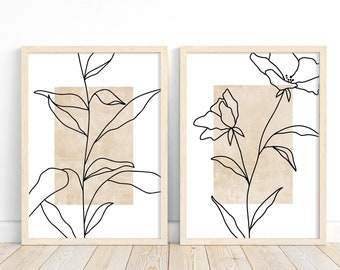 Neutrale Wall Art Set van 2 Boho Prints DIGITALE DOWNLOAD Minimalistische Leaf Line Art Beige Boho Posters AFDRUKBARE Wall Art