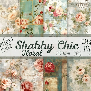 Shabby Chic Digitales Papier Viktorianisches Junk Journal Rustikales Blumen Scrapbook Papier 12x12 Seamless Vintage Ephemera Pack Printable Decoupage