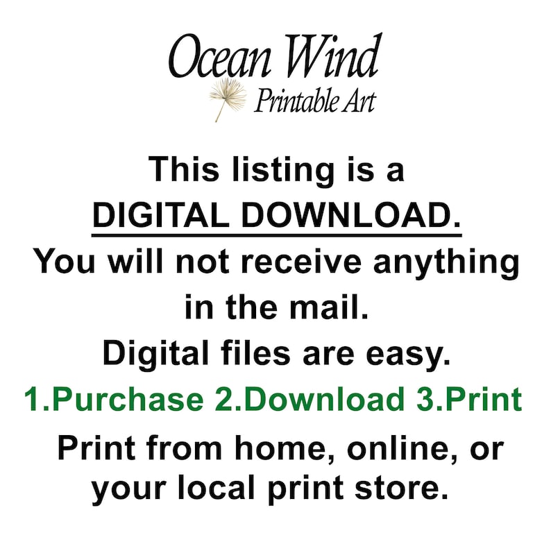 Pode incluir: Texto sobre um fundo branco que diz "Ocean Wind Printable Art". O texto abaixo diz "Esta listagem &eacute; um DOWNLOAD DIGITAL. Voc&ecirc; n&atilde;o receber&aacute; nada pelo correio. Os arquivos digitais s&atilde;o f&aacute;ceis. 1.Comprar 2.Baixar 3.Imprimir Imprima em casa, online ou em sua loja de impress&atilde;o local."