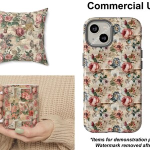 May include: A set of phone cases, a mug, and a pillow featuring a vintage floral pattern with a beige background. The pattern includes pink, red, and blue flowers with green leaves. The text "Commercial Use" is visible at the top of the image.