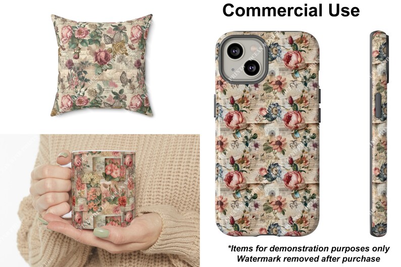 May include: A set of phone cases, a mug, and a pillow featuring a vintage floral pattern with a beige background. The pattern includes pink, red, and blue flowers with green leaves. The text "Commercial Use" is visible at the top of the image.