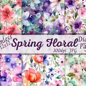 Floral Digital Paper Pack, SEAMLESS Pattern, 12x12 Digital Paper, Watercolor Flowers, Commercial Use, Junk Journal Paper, Digital Scrapbook