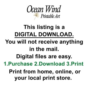 Op de afbeelding: Tekst op een witte achtergrond die "Ocean Wind Printable Art" luidt. De tekst hieronder luidt "Deze vermelding is een DIGITALE DOWNLOAD. U ontvangt niets per post. Digitale bestanden zijn gemakkelijk. 1.Kopen 2.Downloaden 3.Afdrukken Print thuis, online of bij uw lokale printshop."