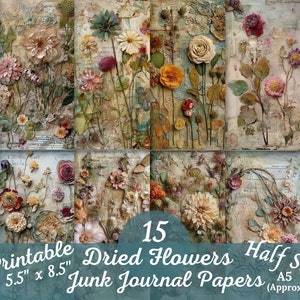 Shabby Chic basura diario papel flores secas papel Digital 5 x 8 imprimible Ephemera Floral Collage A5 Mixed Media Scrapbook Craft media hoja