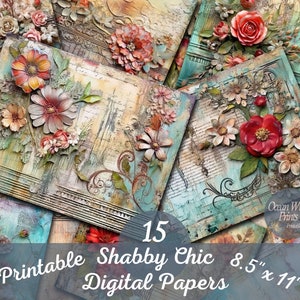 Shabby Chic Digital Paper Printable Junk Journal Supplies Floral Vintage Ephemera 8.5 x 11 Decoupage Paper Flowers Download Scrapbooking
