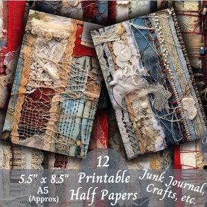 Printable Half Papers Junk Journal Ephemera Pack A5 Collage Lace Fabric Art Scrapbook Card Clipart