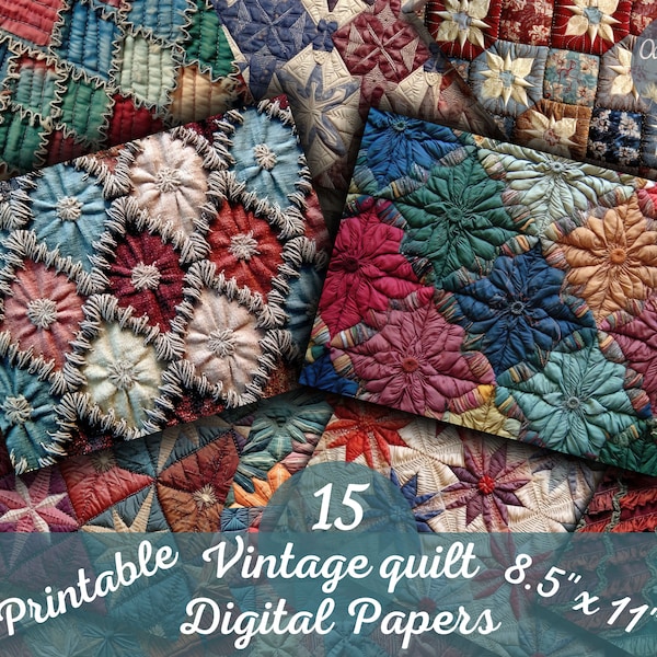 Vintage Quilt Digital Paper Antique Ephemera Junk Journal Supplies Printable Decoupage Collage Digital Download Scrapbooking 8.5 x 11