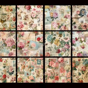 May include: A collage of 12 vintage-style floral patterns featuring roses, butterflies, and handwritten notes on a cream background.