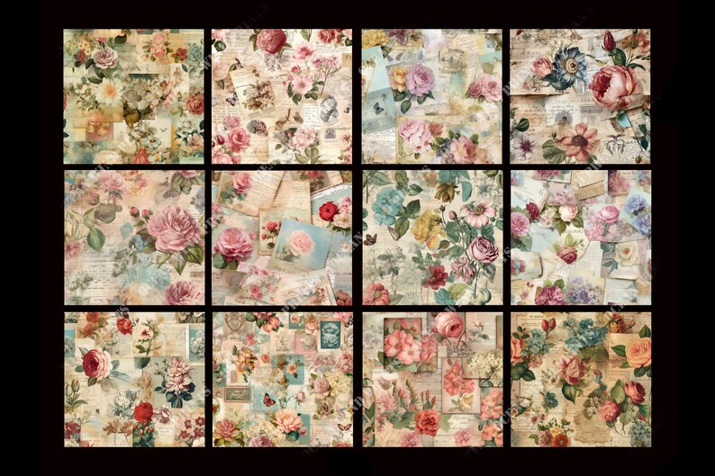May include: A collage of 12 vintage-style floral patterns featuring roses, butterflies, and handwritten notes on a cream background.