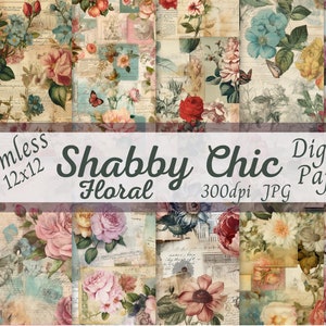 May include: A digital paper pack with 12 seamless floral patterns in a shabby chic style. The patterns feature roses, butterflies, and vintage-inspired designs. The papers are 300dpi JPG and 12x12 inches.