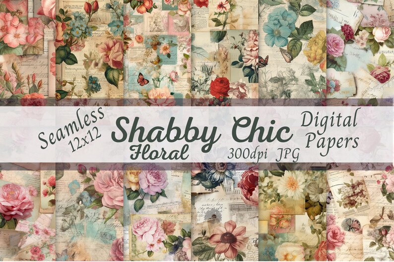 May include: A digital paper pack with 12 seamless floral patterns in a shabby chic style. The patterns feature roses, butterflies, and vintage-inspired designs. The papers are 300dpi JPG and 12x12 inches.