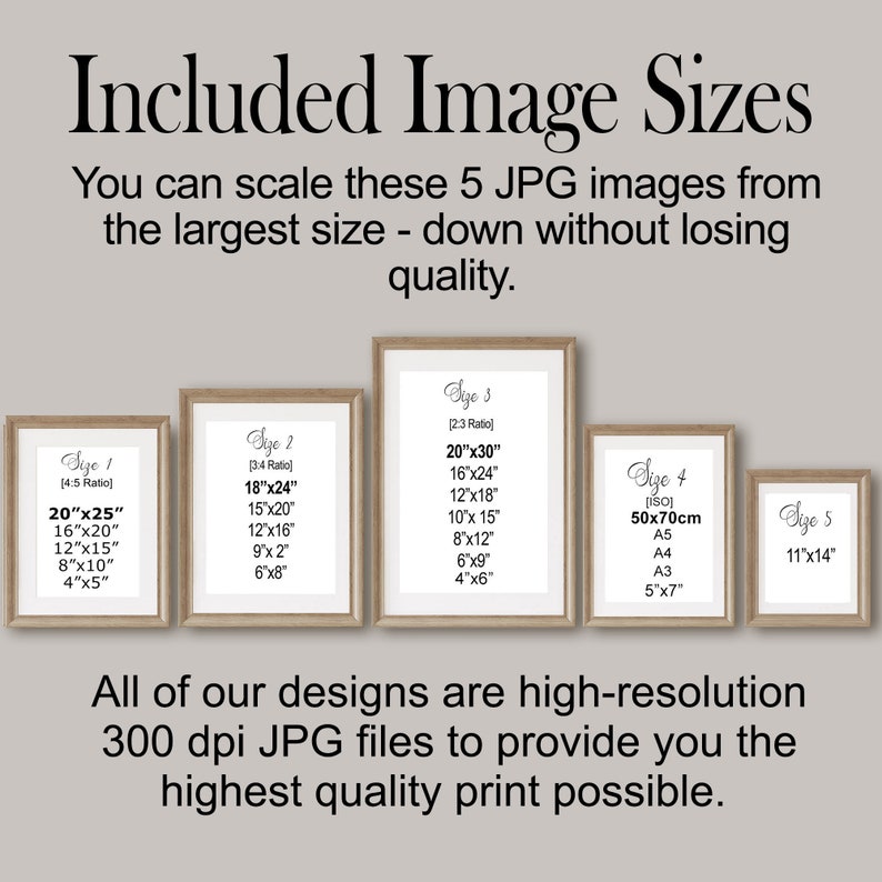 Pode incluir: Um gr&aacute;fico que mostra cinco tamanhos diferentes de imagens JPG dispon&iacute;veis para download. Os tamanhos das imagens s&atilde;o listados em polegadas e cent&iacute;metros. O texto diz "Tamanhos de imagem inclu&iacute;dos" e "Voc&ecirc; pode dimensionar essas 5 imagens JPG do tamanho maior para baixo, sem perder qualidade." O texto tamb&eacute;m diz "Todos os nossos designs s&atilde;o arquivos JPG de alta resolu&ccedil;&atilde;o de 300 dpi para fornecer a voc&ecirc; a impress&atilde;o de maior qualidade poss&iacute;vel."