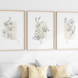 Neutral Print Set of 3, Triptych Wall Art, Boho Digital Download Print, Botanical Print Set, Minimalistic Poster, Printable Floral Line Art