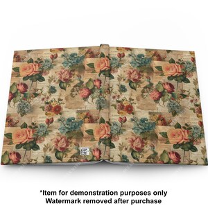 May include: An open book with a vintage floral pattern on the pages. The pattern features roses, blue flowers, and green leaves on a beige background with faded text.