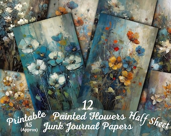 Gemalte Blumen Junk Journal halbe Seiten druckbare blaue Blumen digitales Papier Scrapbook Accessoire Collage Sheet