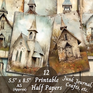 Rustic Chapel Printable Half Papers Junk Journal Ephemera Pack A5 Collage Mixed Media Farmhouse Art Clipart
