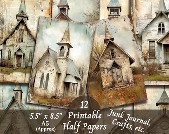 Rustic Chapel Printable Half Papers Junk Journal Ephemera Pack A5 Collage Mixed Media Farmhouse Art Clipart