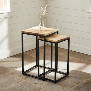 Solid Mango Wood & Black Metal Slim Nest of Two Tables - Industrial