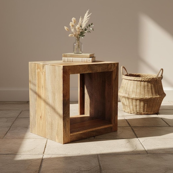 Solid Mango Wood Cube Shelf/Table - Living Room Storage Table
