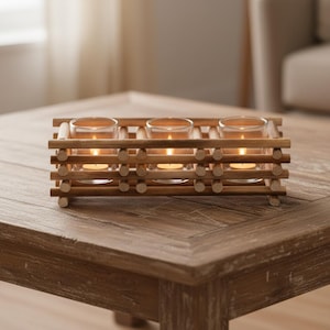 May include: A wooden candle holder with three glass votive candle holders. The candles are lit, casting a warm glow. The holder is made of small, natural-coloured wooden dowels arranged in a grid pattern. The candle holder sits on a wooden table.