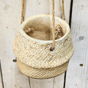 May include: A hanging woven basket planter in a natural, off-white hue. The basket features a textured, woven pattern and is suspended by two rope handles. The interior is a lighter shade, and the basket is set against a light wood background.