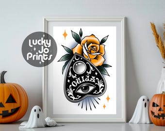 Ouija Board Print, Planchette, A4, A5 | Traditional Tattoo Art, Gallery Wall | Witchcraft, Witch Gift, Witchy