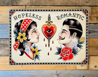 Impresión de tatuaje tradicional romántico desesperanzado, Flash, A5, A4, A3, Arte de pared, Pared de galería