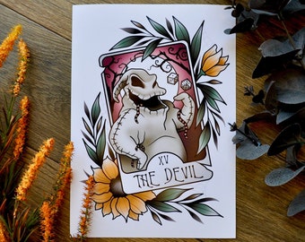 Impresión de la carta del Tarot El Diablo / Pesadilla antes de Navidad, Oogie Boogie / Impresión A5, A4, A3, Arte del tatuaje tradicional, Tatuaje Flash