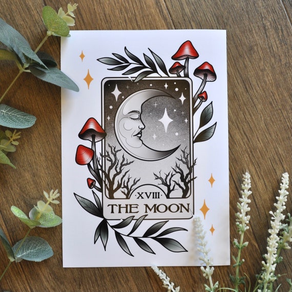 Tarot Card Print, The Moon, A4, A5 | Traditional Tattoo Art | Wall Art