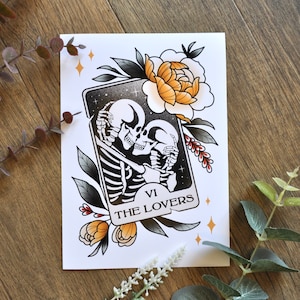 Impresión de la carta del Tarot "Los Enamorados", tamaño A4 y A5 / Arte de tatuaje tradicional / Arte mural