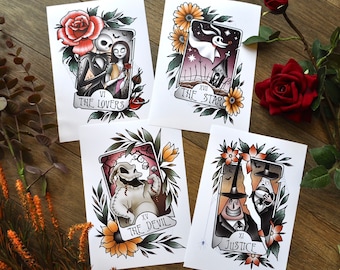 Conjunto de 4, Impresiones de cartas del Tarot de Pesadilla Antes de Navidad / Impresiones A5, A4 o A3 / Arte de tatuajes tradicionales / Arte de pared