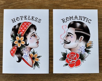 Hopeless Romantic set of 2 Prints, A5, A4 | Traditional Tattoo Print | Wall Art | Gallery Wall