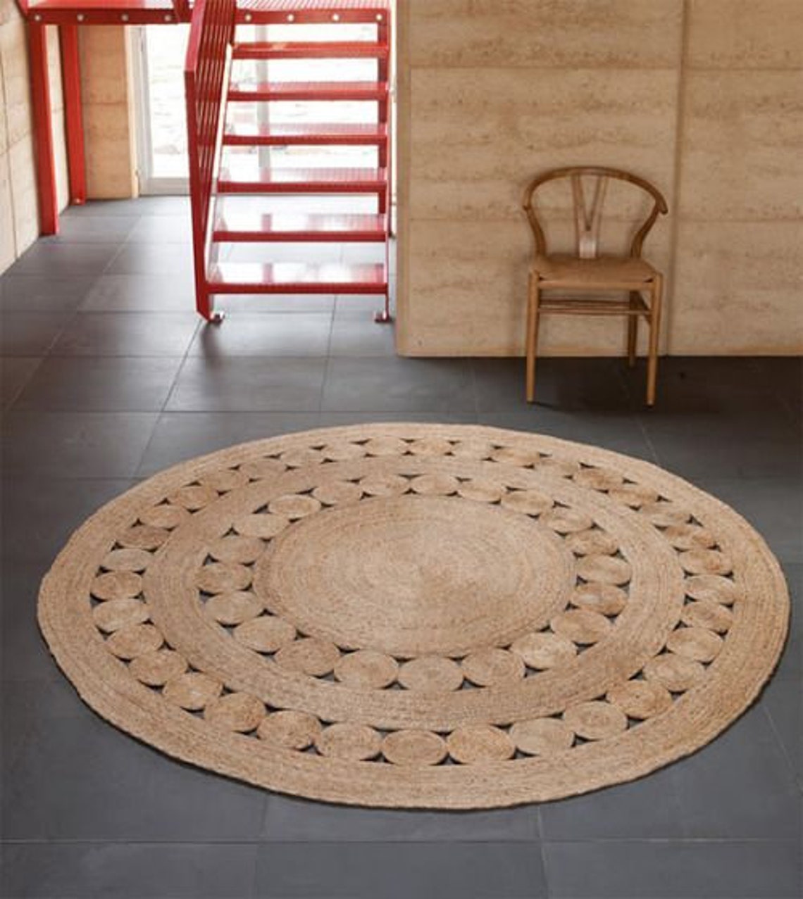 Indian Handmade Natural Round Scalloped Rug Bedside Round Rug Etsy