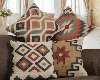 Set of Indian Handwoven 45x45cm Handmade Jute Pillow covers, Kilim Pillowcases, Decorative Sofa cushion covers, Christmas Gifts