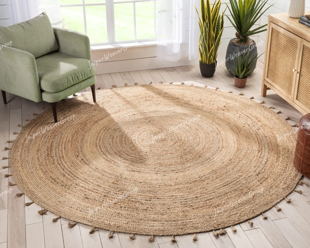 Natural Handwoven Jute Round Rug With Tassels. Round Jute Rug Etsy