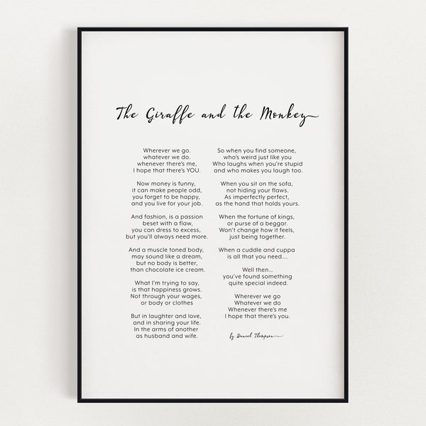 Druckbares Liebesgedicht „Giraffe und der Affe“, Hochzeitsgedicht, sofortiger Download, druckfertig