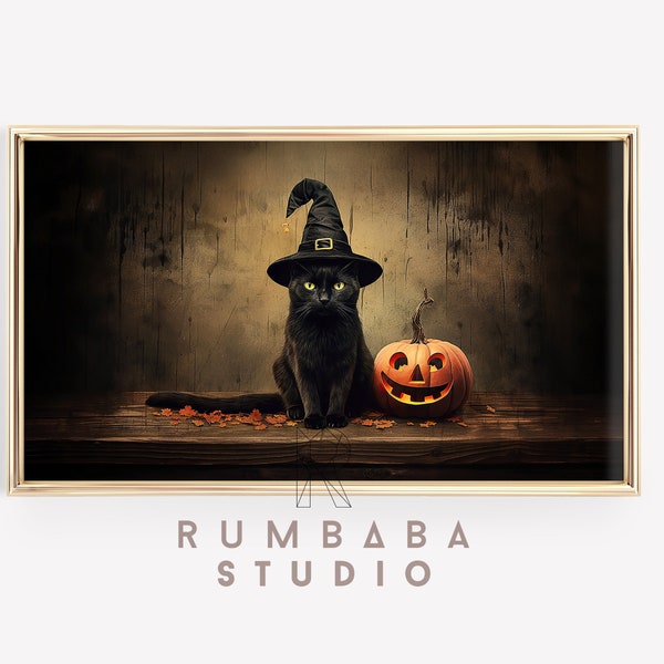 frame tv art halloween cat & pumpkin | tv art samsung | tv art digital download | halloween tv art | tv artwork | cat in a hat | tv art