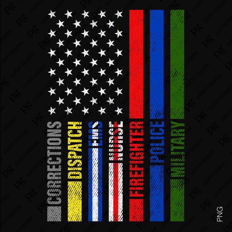 May include: An American flag with thin stripes of red, white, and blue, and a thin green stripe on the right side. The stripes are labeled with the words "Corrections", "Dispatch", "EMS", "Nurse", "Firefighter", "Police", and "Military".